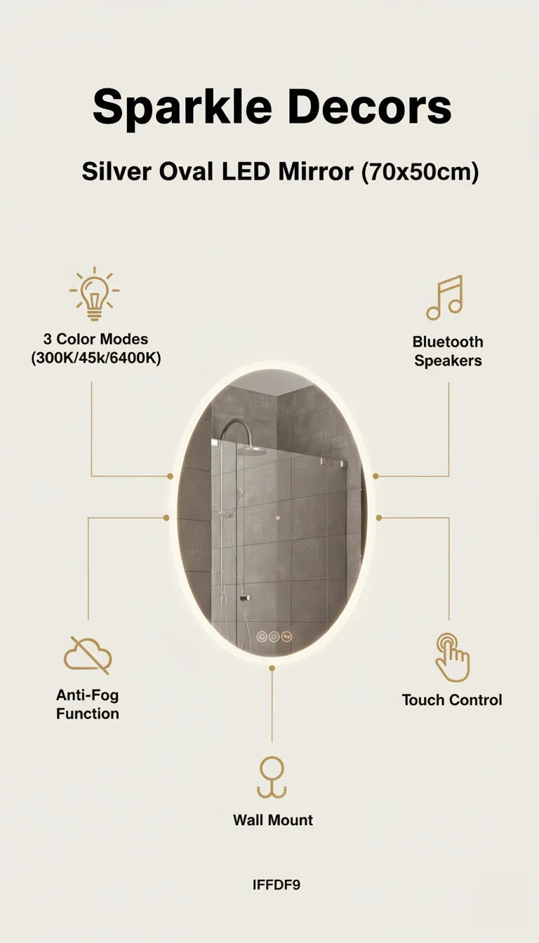 Sparkle Decors Silver Oval LED Bathroom Mirror with Bluetooth Speaker, Dimmer, Anti-Fog & 3-Tone Backlit Light – 70x50cm Wall Mount Mirror